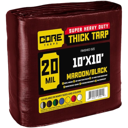 Core Tarps Heavy Duty Tarp, 10 ft x 10 ft, 20 Mil, Maroon, Polyethylene CT-707-10X10